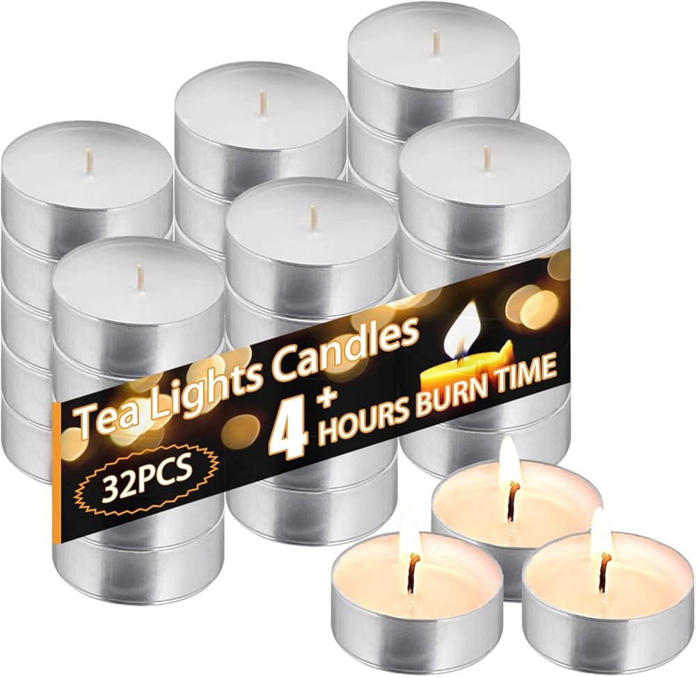 Tea Light Candles 32Pcs, 4 Hour Long time Burning, Bulk White Unscented Smokeless Tea Candles for... | Amazon (US)