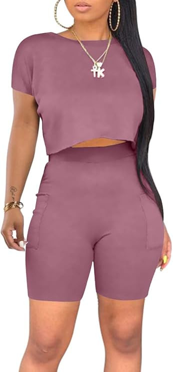 cailami Women's Casual 2 Piece Club Outfit Jumpsuit Crop Tops Bodycon Shorts Set with Pockets | Amazon (US)