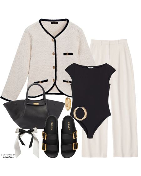 Textured knit cardigan with gold buttons, tailored trousers, black bodysuit, black demellier tote bag, Prada sandals with gold buckles, hair bow accessories & gold earrings.
Work outfit, office style, smart casual look, spring outfits.

#LTKshoecrush #LTKworkwear #LTKstyletip