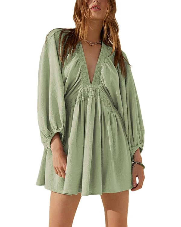 Women's Sexy Long Sleeve V Neck Tunic Dress Casual Loose Flowy Mini Swing Shift Dresses | Amazon (US)