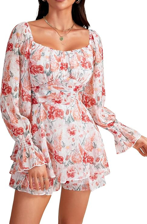 LYANER Women's Floral Print Off Shoulder Long Sleeve Ruffle Hem Romper Short Jumpsuit | Amazon (US)