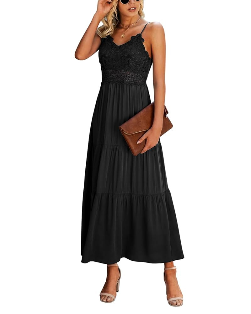 Dokuritu Women's Beach Crochet Lace Maxi Dress Solid Color Summer Vacation Spaghetti Strap Long D... | Amazon (US)