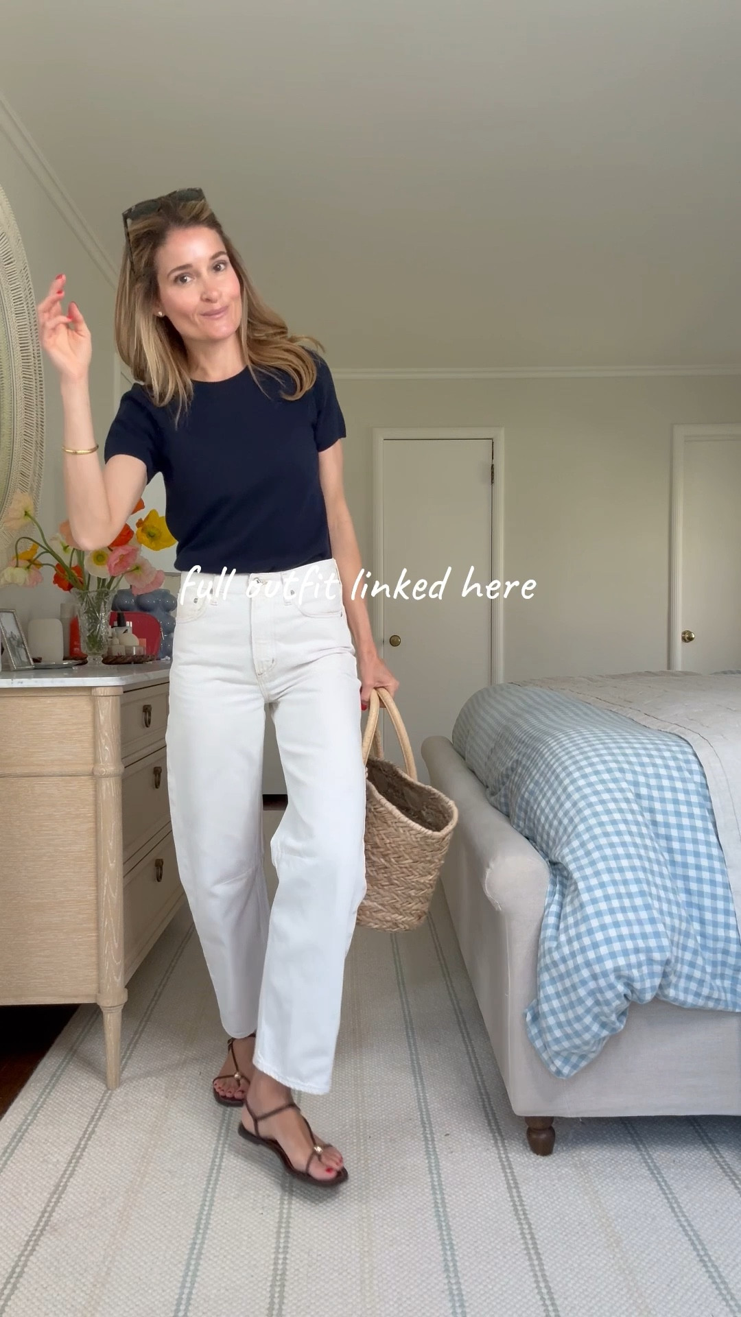 full outfit linked here! Wearing a small tee, sized down 1 in the jeans and took my true size in the shoes 