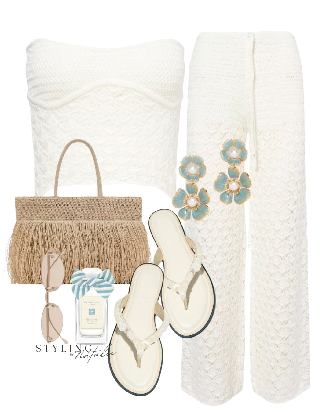 Summer co ord set- crochet bandeau top & matching trousers, straw tote bag, seashell pearl sandals, blue flower earrings & fendi sunglasses. Beach wear, summer knitwear, comfy casual, boho chic, vacation look.

#LTKuk #LTKeurope #LTKsummer