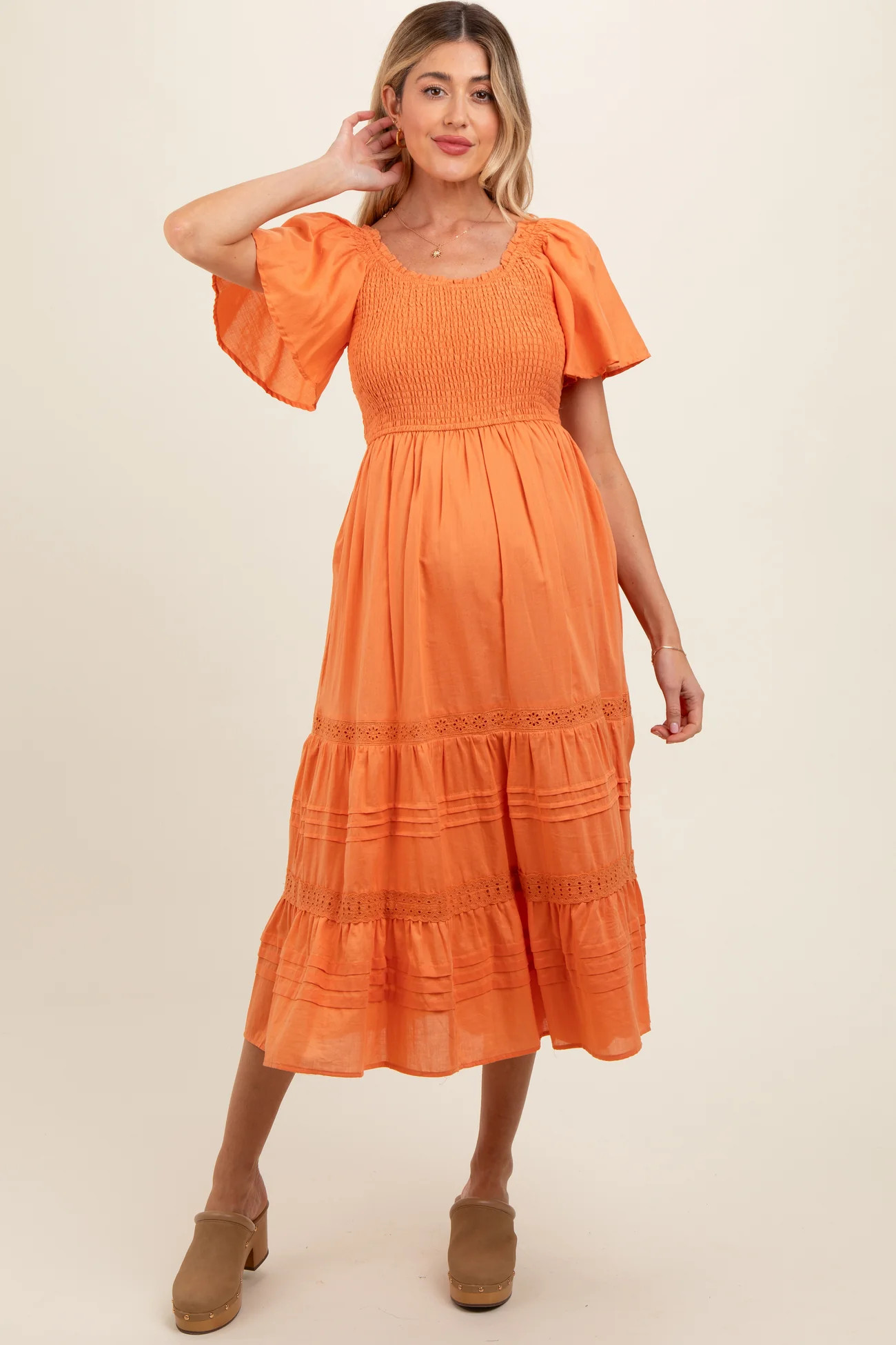 Orange Smocked Short Sleeve Maternity Midi Dress | PinkBlush Maternity