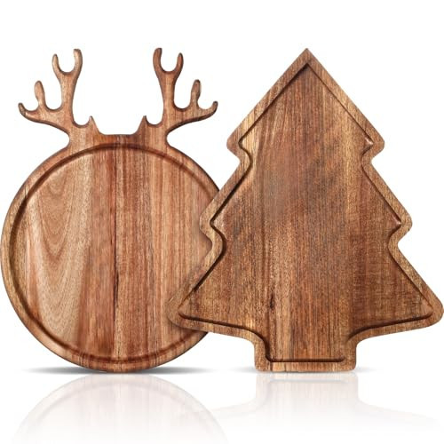 Umigy 2 Pcs Christmas Cutting Boards Wood Christmas Tree Charcuterie Board with Antler Handle Cute Acacia Wood Cutting Platter Serving Trays for Cheese Fruit Bread Salad Vegetables Snack Dessert | Amazon (US)