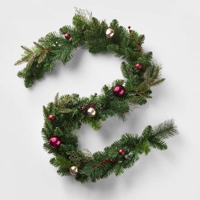 6ft Unlit Mixed Greenery with Burgundy/Gold Ornaments Shatter-Resistant Artificial Garland - Wond... | Target
