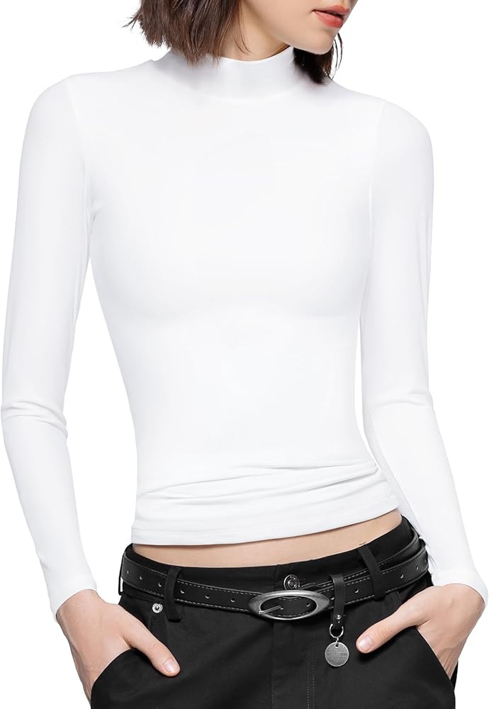 PUMIEY Women's Long Sleeve T Shirts Mock Turtleneck Slim Fit Tops Sexy Basic Tee Smoke Cloud Pro ... | Amazon (US)