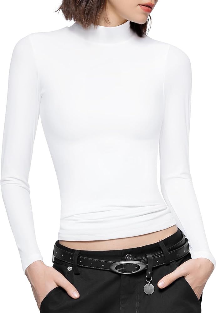 PUMIEY Women's Long Sleeve T Shirts Mock Turtleneck Slim Fit Tops Sexy Basic Tee Smoke Cloud Pro Collection | Amazon (US)