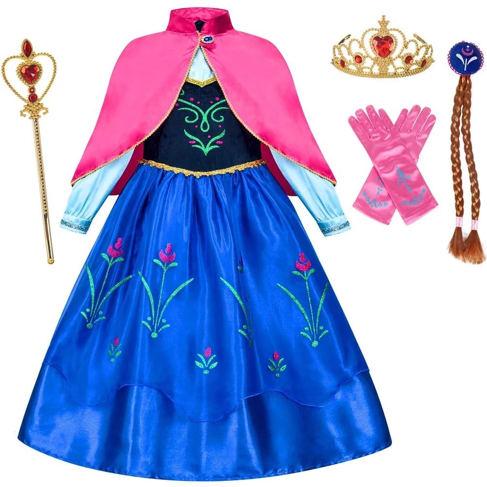 Girls Dress Christmas Princess Costume for Frozen Anna Long Sleeve with Cape Wand Wig Crown Glove... | Walmart (US)