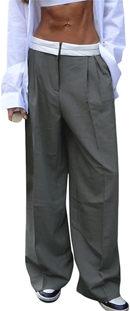 Faretumiya Women Retro Low Waist Baggy Cargo Pants Oversized Wide Leg Straight Suit Pants Hippie ... | Amazon (US)