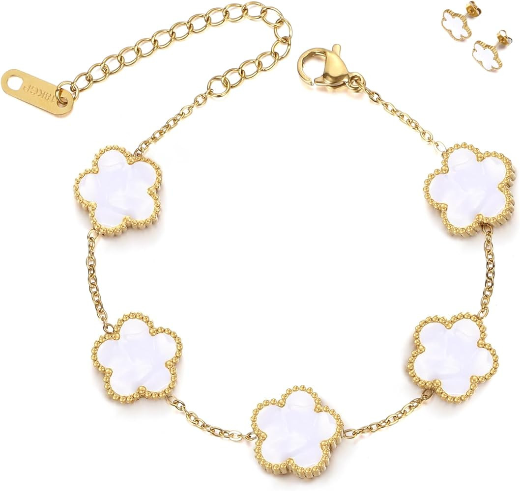 18K Gold Plated Four Leaf Clover Bracelet for Women Gold Bracelet Earring Jewelry Set Adjustable ... | Amazon (US)