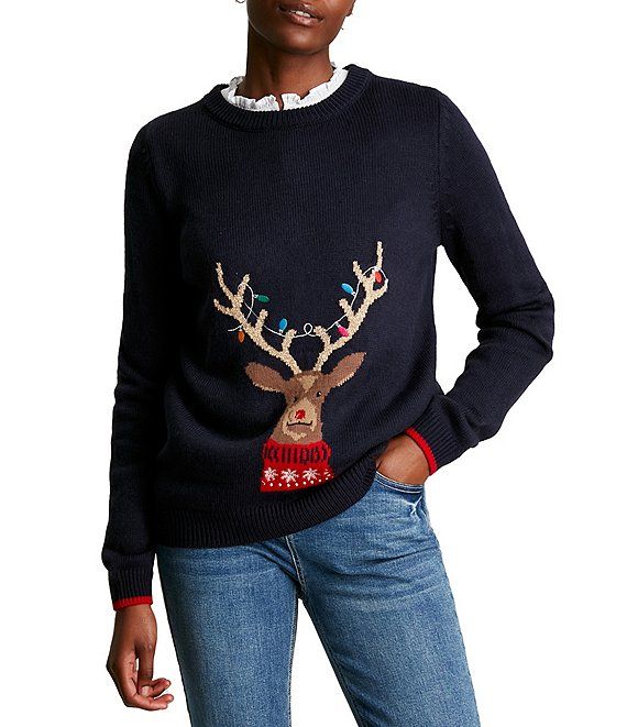 The Cracking Festive Crew Neck Long Sleeve Intarsia Reindeer Sweater | Dillard's