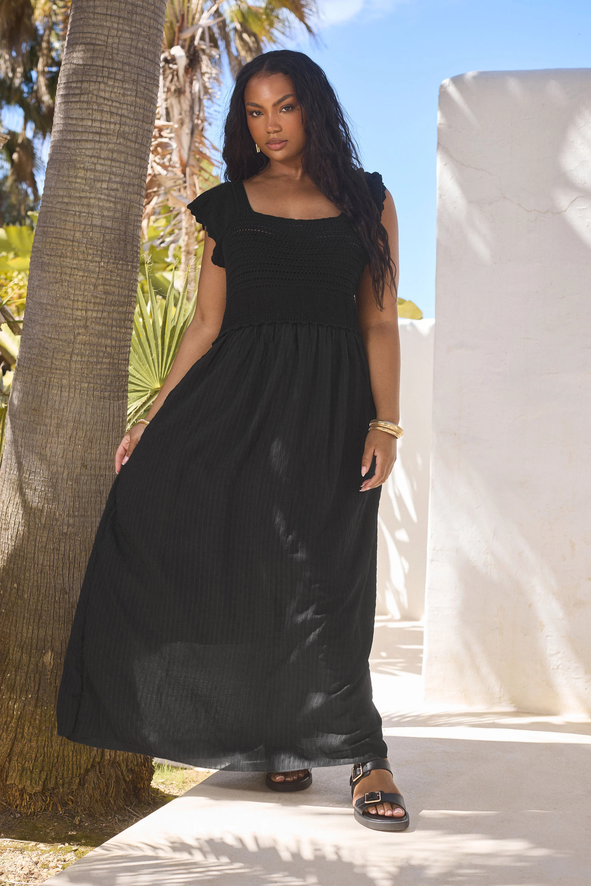 YOURS Plus Size Black Crochet Detail Woven Dress | Yours Clothing UK