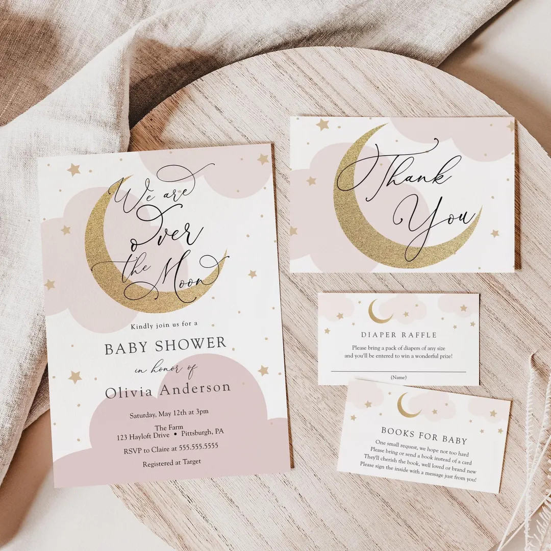 Over the Moon Pink Baby Shower Invitation Set | Printable Diaper Raffle & Thank You Cards | Insta... | Etsy (US)