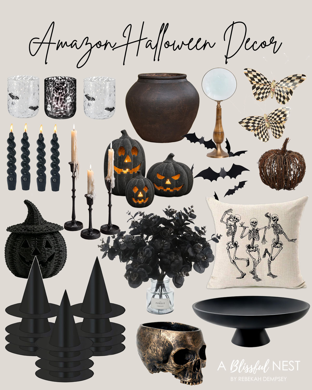 The cutest Amazon Halloween finds for creating a festive and fun home. Tap to shop!

Halloween votive candle holders, cauldron urn, magnifying glass on stand, checkered butterfly décor, twisted taper candles, drip taper candlesticks, black jack-o-lantern décor, bat wall décor, vine pumpkin décor, witch hat jar, witch hat cone décor, faux black eucalyptus stems, skeleton throw pillow, black pedestal bowl, and skull trinket bowl. 

 #LTKSeasonal #LTKHome