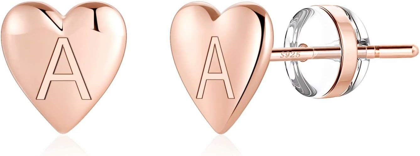 Heart Initial Stud Earrings for Girls - S925 Sterling Silver Post 14K Gold Plated Dainty Letter E... | Amazon (US)