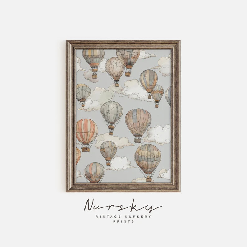 Vintage Hot Air Balloons Print Muted Blue Travel Nursery Poster Watercolors Clouds Boys Room Deco... | Etsy (US)