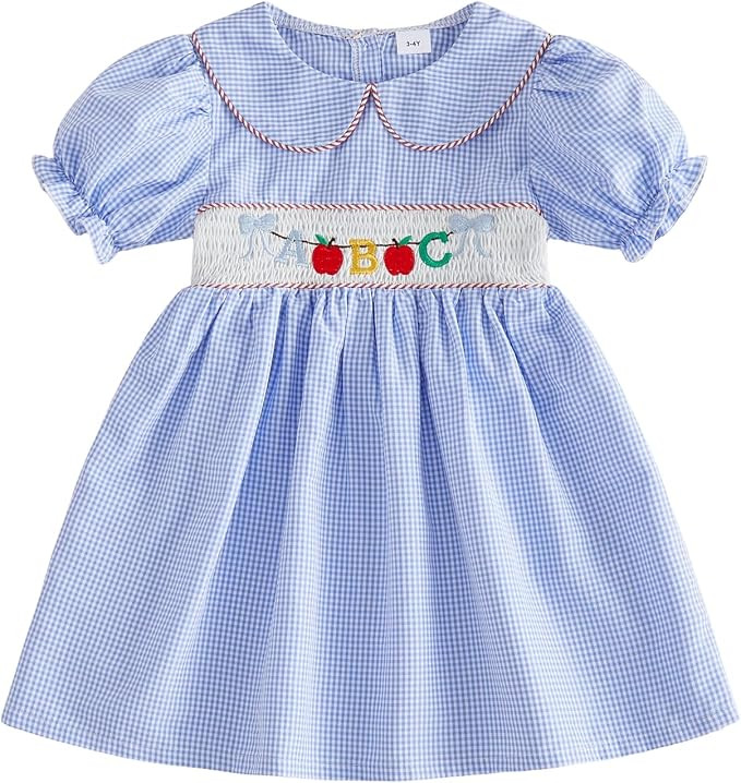 Toddler Girl First Day of School Outfit Pre K Kindergarten Short Sleeve Smocked Dress Back to Sch... | Amazon (US)
