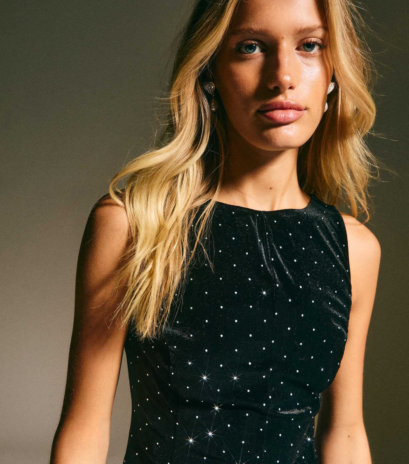 Black Velvet Diamante Studded Mini Dress | New Look | New Look (UK)