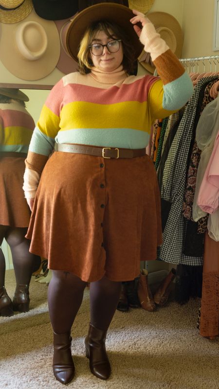 Plus size rainbow sweater brown skirt outfit 

#LTKplussize #LTKstyletip #LTKSeasonal