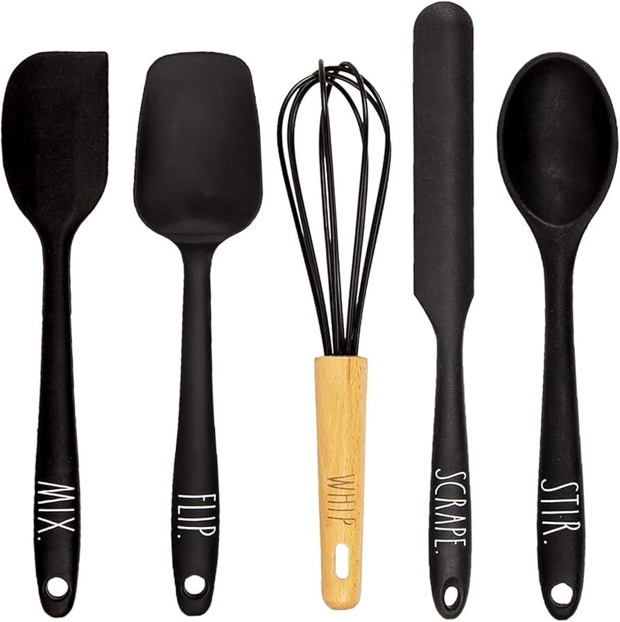 5 Piece Mini Kitchen Utensil Set- Silicone Kitchen Tools with Beechwood Handles by (Black) | Amazon (US)