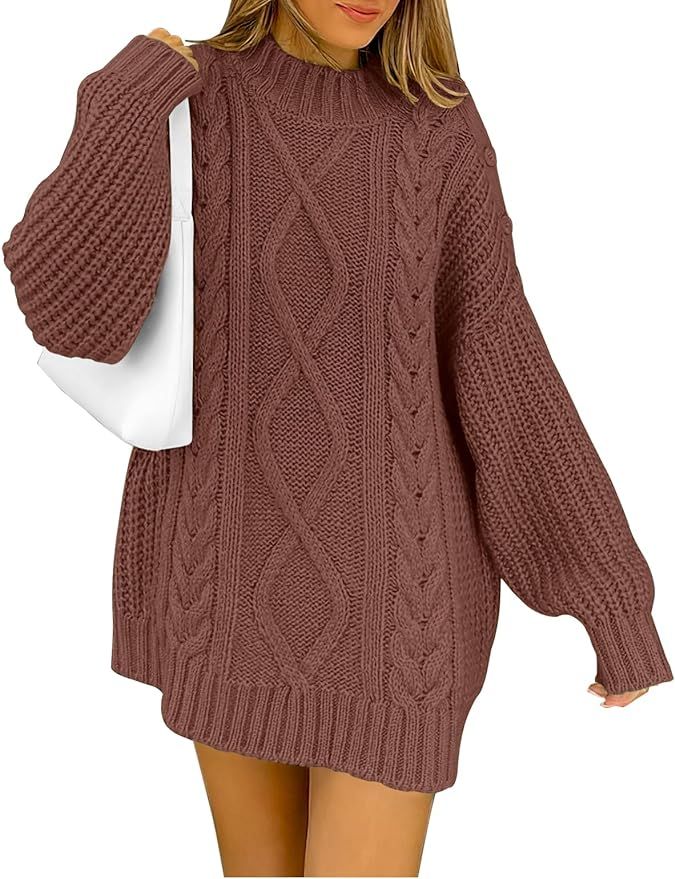 ANRABESS Women's 2023 Fall Long Sleeve Oversized Crewneck Chunky Loose Fit Cable Knit Pullover Sh... | Amazon (US)