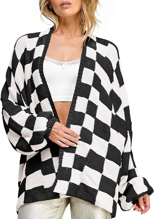 Saodimallsu Womens Checkered Oversized Cardigan Sweaters Color Block Chunky Open Front Lantern Sl... | Amazon (US)