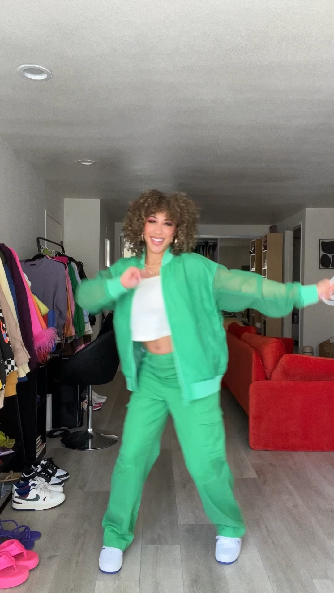 Nike green jacket, pink platforms are originally from Target, Lorvae sunglasses, PrincessPolly dreamer tee