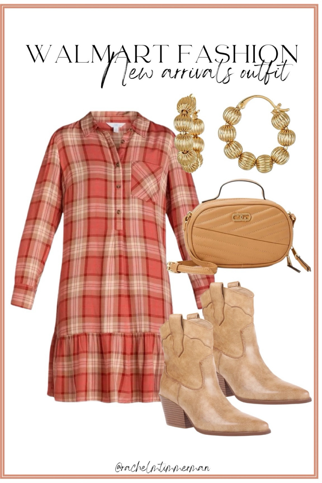I love this new $17 shirt dress! Comes in four colors and so cute for fall. The perfect transition piece. These western boots and earrings are new on Walmart as well. And this bag is only $17. Also comes in black. 

Walmart fashion. Walmart new arrivals. LTK under 50. Transition style. 