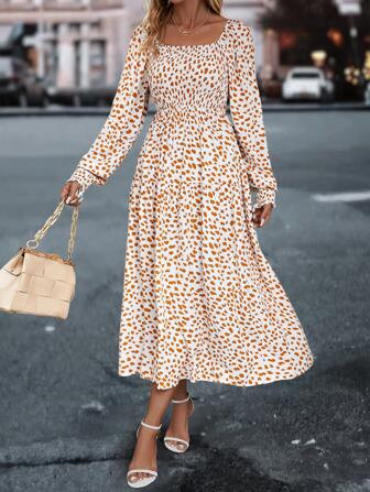 SHEIN LUNE Dalmatian Print Square Neck Lantern Sleeve Dress | SHEIN