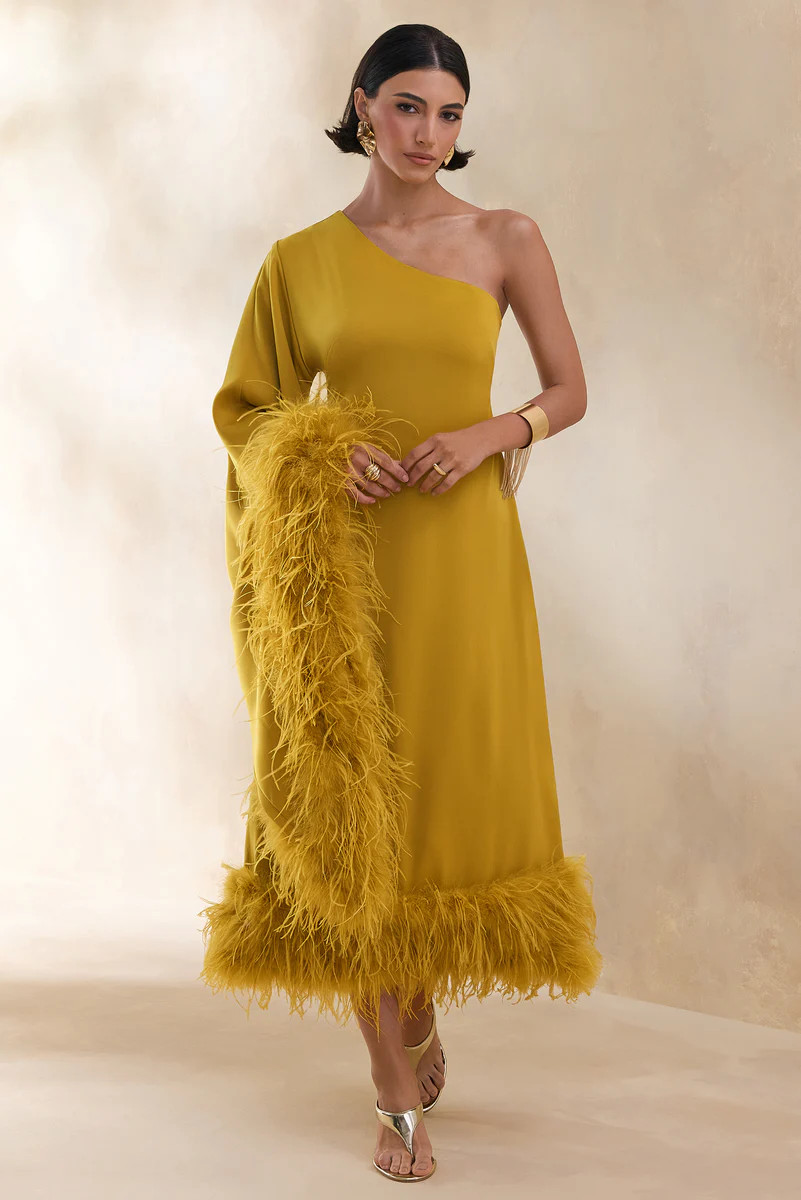 Destiny  Yellow Satin Asymmetric-Neck Midi Dress With Feather Details | Club L London
