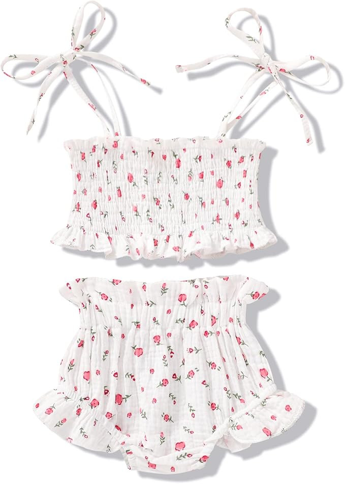 Infant Baby Girl 2PCS Summer Set Newborn Sleeveless Shoulder Straps Ruffle Vest Crop Tops + Flora... | Amazon (US)