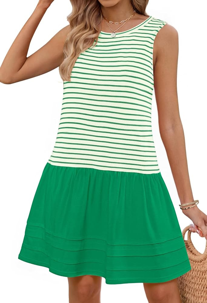 MEROKEETY Women's Summer Sleeveless Sundress Casual Striped Patchwork Mini Tank Dress with Pocket... | Amazon (US)