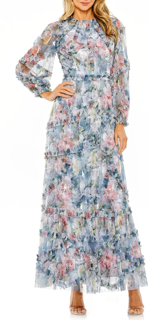 Floral Long Sleeve Mesh Gown | Nordstrom
