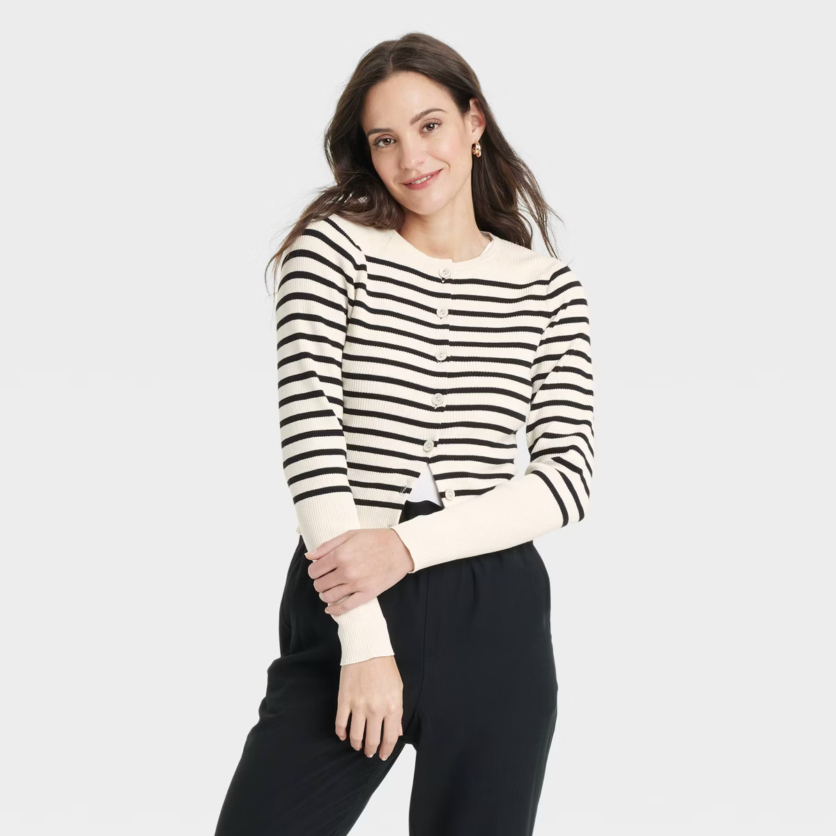 Women's Rib Cardigan - A New Day™ Cream/Black Striped 3X | Target