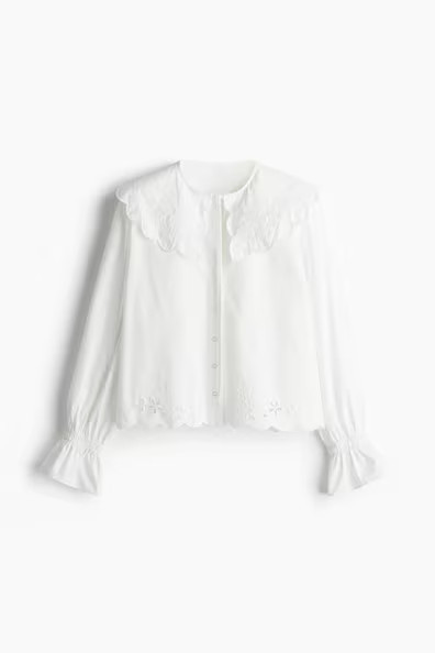 H & M - Embroidered Blouse with Peter Pan Collar - White | H&M (US + CA)