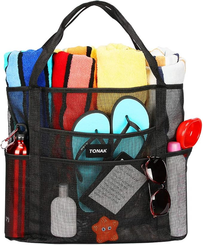 Mesh Beach Bag Toy Tote Bag Grocery Storage Net Bag Oversized Big XL with Pockets Foldable Lightw... | Amazon (US)