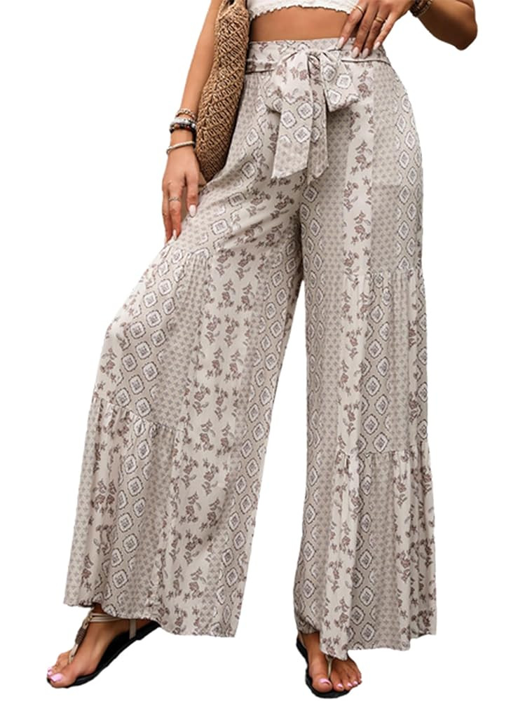 cffvdiz Women's Casual Boho Pant High Waist Summer Loose Lace Up Wide Leg Pants | Amazon (US)