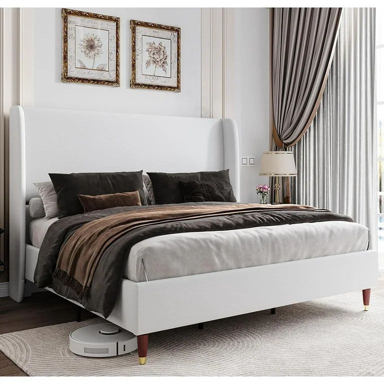 Jocisland King Bed Frame 51.2" High Linen Upholstered Bed with Wingback Headboard Platform Bed Ki... | Walmart (US)