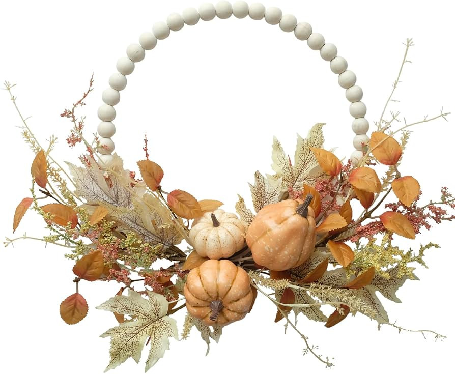 Autumn Wood Bead Pumpkin Fall Wreath for Front Door, 16" Pumpkin and Berries Wreath for Farmhouse... | Amazon (US)