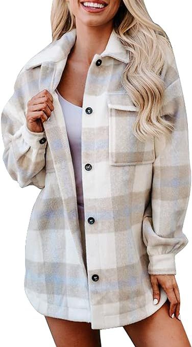Dokotoo Womens Casual Plaid Button Down Long Sleeve Shirts Flannel Shacket Jacket Coats | Amazon (US)