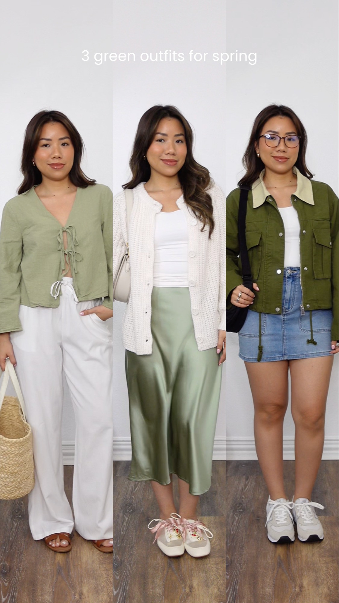 3 green outfit ideas for spring. Wearing size Small in all, shoes size 6.5

easter outfits spring outfits tie front top satin skirt denim skirt amazon fashion finds  

 #LTKPetite #LTKFindsUnder50 #LTKStyleTip