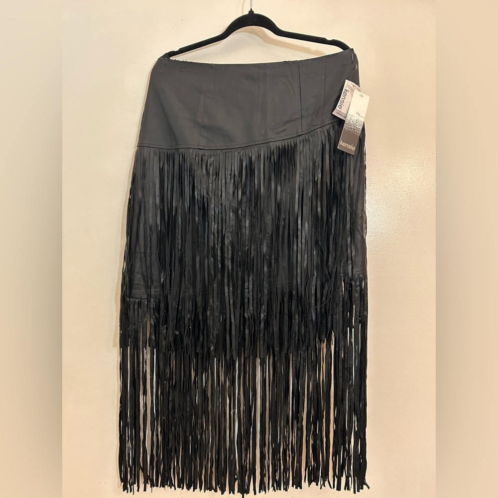 KENSIE Fringe Midi Skirt Faux Leather Black M Medium NWT + Some Damage SEE PICS | Poshmark