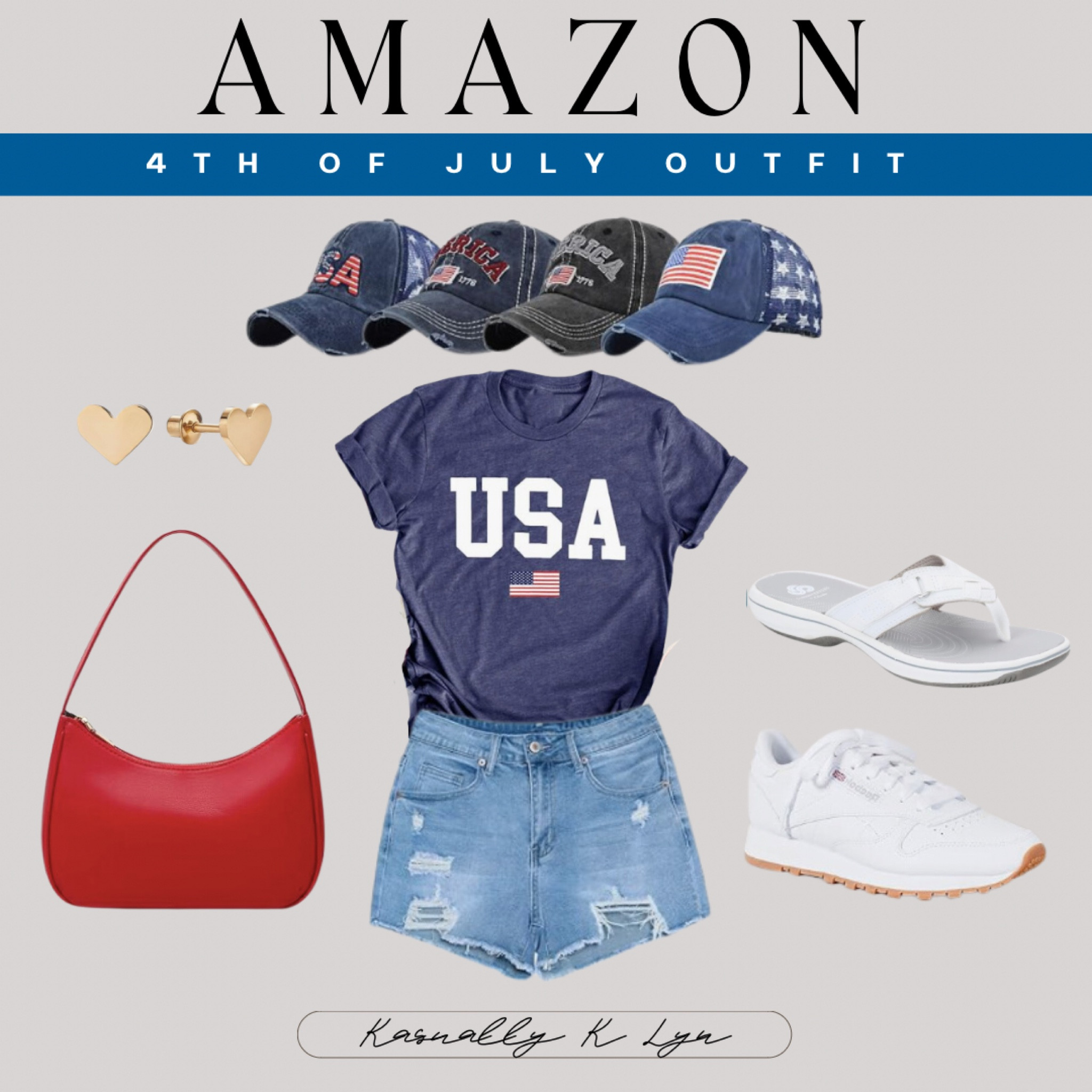 Amazon Women’s 4th of July Outfit!!
white reebok classic leather sneaker. usa blue tee shirt. women’s high waisted ripped stretchy denim summer jean shorts. usa american flag unisex vintage baseball hat. red mini clutch shoulder bag. sterling golden stud heart earrings. 

#LTKSeasonal #LTKStyleTip #LTKFindsUnder50