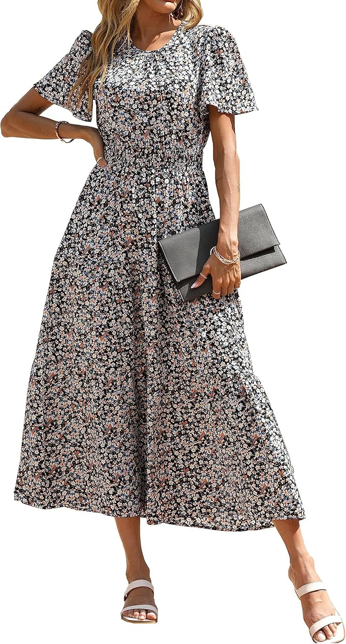 PRETTYGARDEN Women's Summer Casual Short Flutter Sleeve Round Neck Smocked Waist Tiered Boho Flor... | Amazon (US)