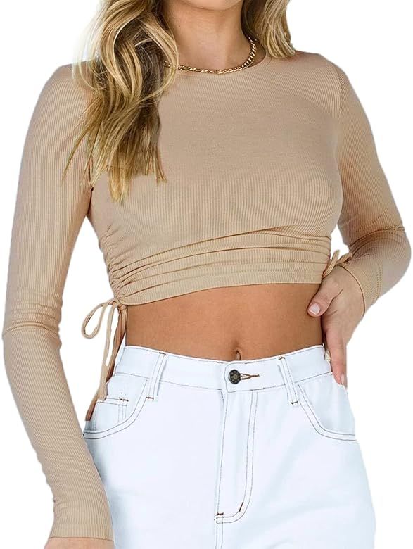 Kirozanny Women's U Neck Sleeveless Drawstring Side Slim Fit Basic Crop Tops | Amazon (US)
