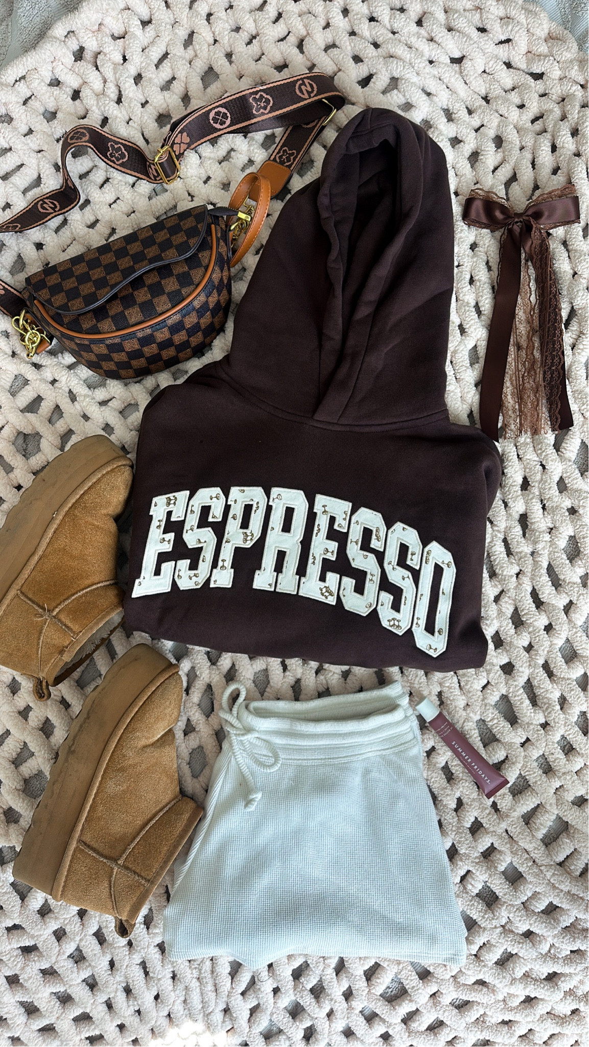 Comfy brown espresso sweatshirt hoodie and waffle knit shorts with platform Uggs and designer inspired cross body bag. Perfect for a cozy fall day 
- Sabrina carpenter inspired sweatshirt with embroidered espresso martini design on sale today!


#LTKtravel #LTKsalealert #LTKSeasonal