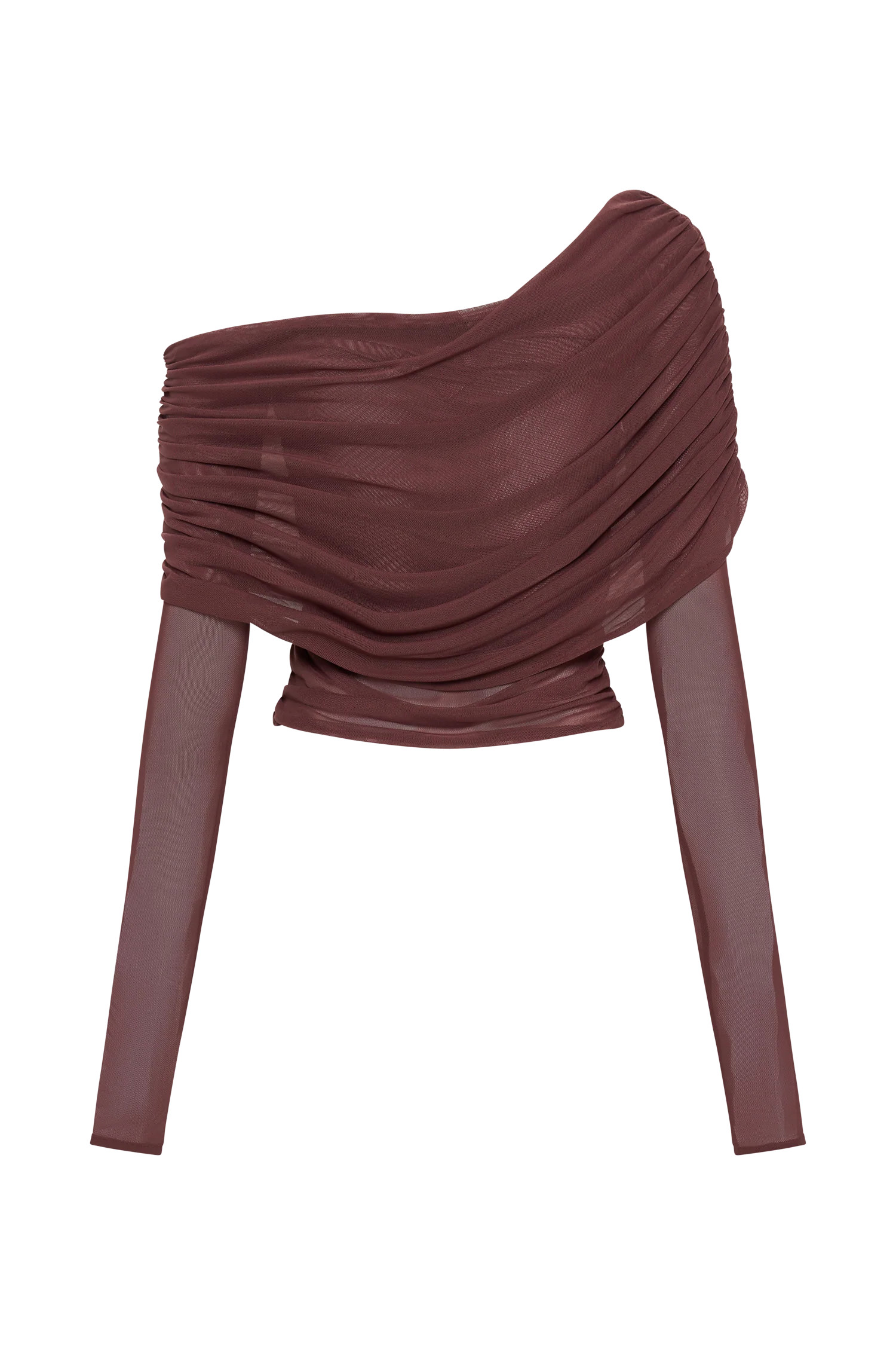 Everly Sheer Mesh Off Shoulder Top - Mahogany | MESHKI US