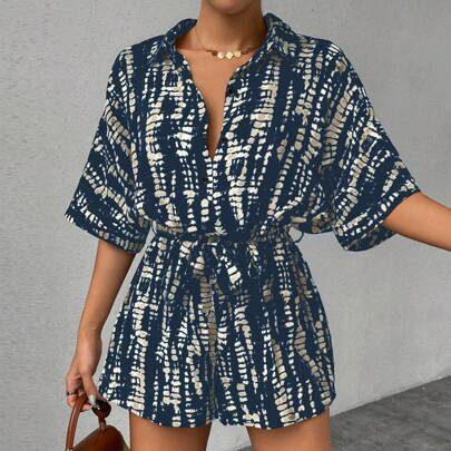 Women's Batwing Sleeve Tie Front Jumpsuit With Printed Pattern | SHEIN